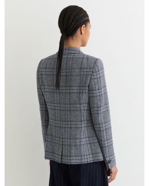 Reiss Blue Check Larissa Double-Breasted Check Blazer Cotton-Linen