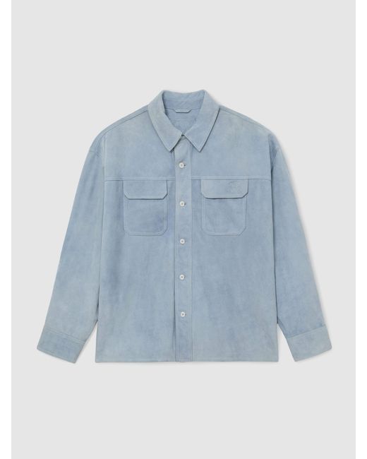 Reiss Delvin - Powder Blue Monogram Embossed Relaxed Suede Jacket, Xxl for men