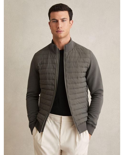 Reiss Gray Freddie - Sage Hybrid Quilt And Knit Zip-through Jacket, Xl for men