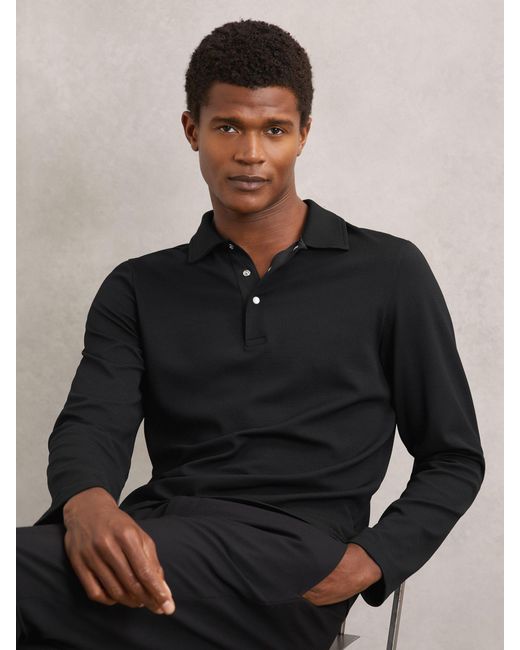 Reiss Black Textured Press-Stud Polo Shirt for men