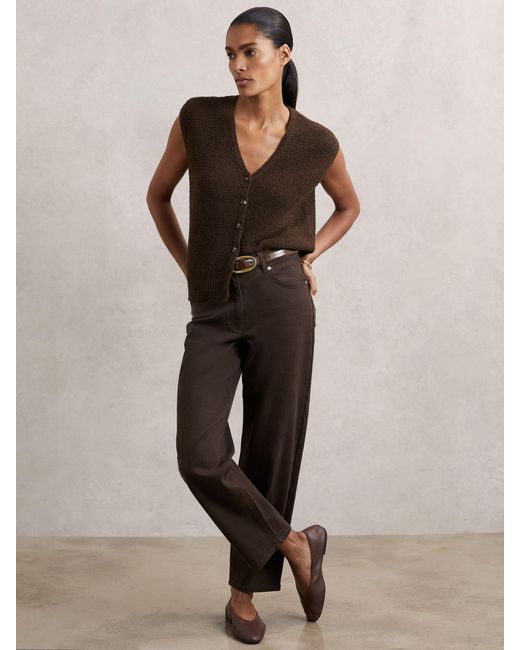 Reiss Natural Lily - Chocolate Brown Cotton-linen Button-through Knit Top, M (us 8-10)