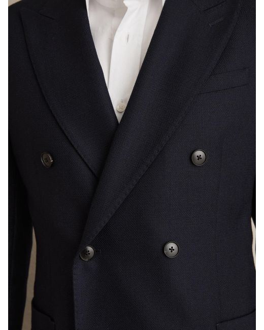 Reiss Blue Slim-Fit Double-Breasted Textured Wool-Blend Suit Blazer for men