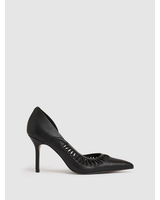 Reiss Black Marlene Leather Twist Detail Court Shoes