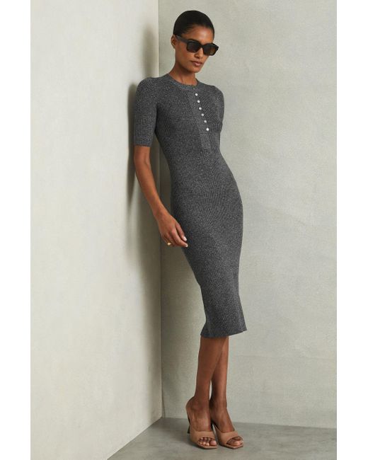 Reiss Gray Ribbed Wool Blend Midi Dress