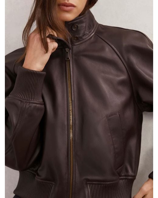 Reiss Black Eloise - Chocolate Brown Leather Funnel-neck Bomber Jacket, Us 6
