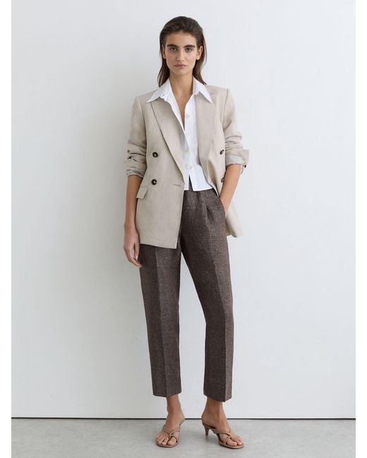 Reiss White Lourdes - Brown Woven Linen Cropped Tapered Trousers, Us 10