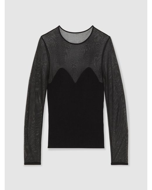 Reiss Brown Mesh Knit Sweetheart Long-Sleeve Top