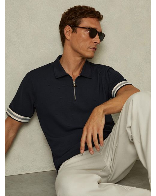 Reiss Blue Textured Contrast Trim Half-Zip Polo Shirt for men