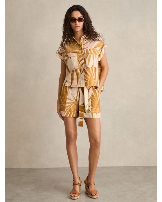 Reiss Natural Avril - Neutral Palm Print Belted Shorts, Us 0