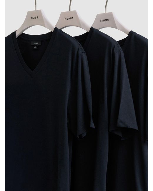 Reiss Black Dayton Pack-Pack Cotton V-Neck Tailored-Fit T-Shirts for men