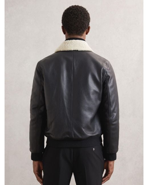 Reiss Gray Leather Shearling-Collar Bomber Jacket for men