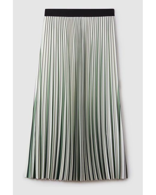 Reiss Blue Saige - Green/cream Pleated Striped Midi Skirt, Us 10