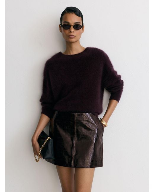 Reiss Black Cora - Burgundy Leather Crocodile-effect Mini Skirt, Us 8
