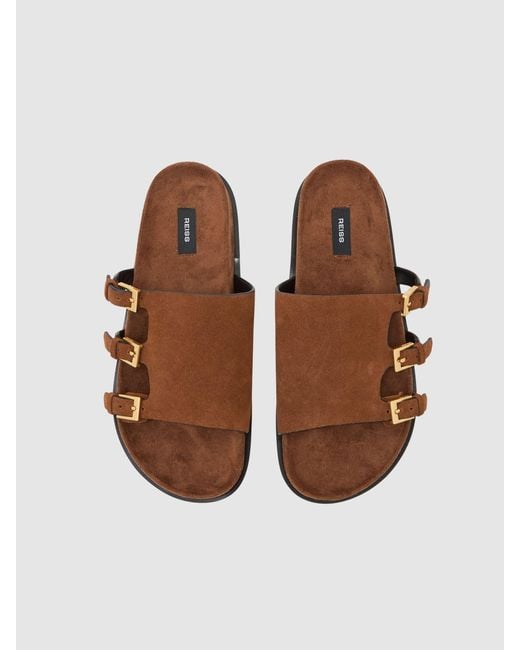 Reiss Brown Lauren - Tan Suede Buckle-strap Slip-on Sandals, Us 5 (uk 3)