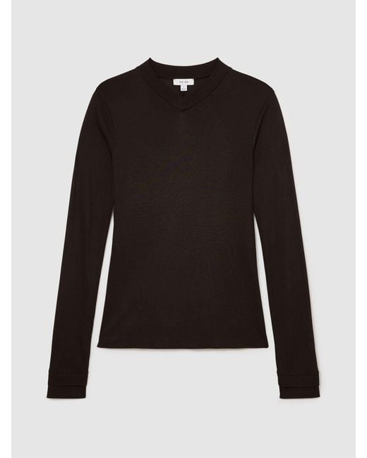 Reiss Black High V-Neck Long-Sleeve Top