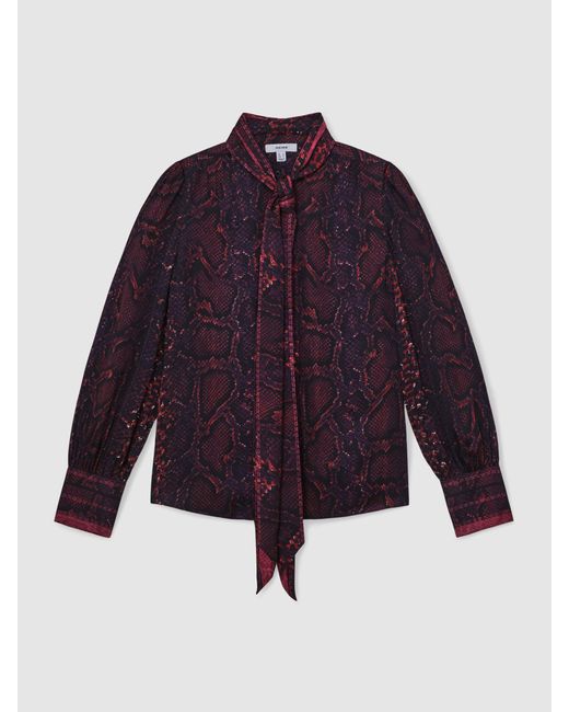 Reiss Blue Snake-Print Tie-Neck Blouse