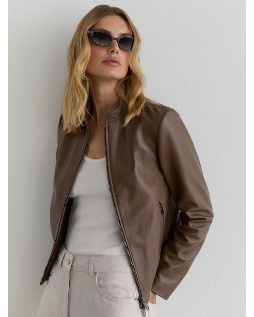 Reiss Brown Allie - Taupe Neutral Leather Collarless Biker Jacket, Us 10