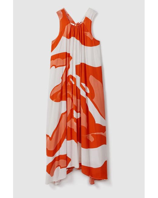 Reiss Red Avia - Orange/white Printed Dipped Hem Midi Dress