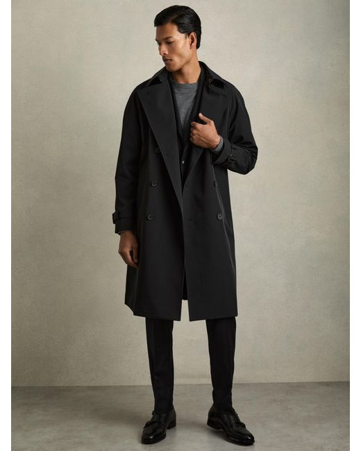 Reiss Blue Scramble - Black Double Breasted Long Trench Coat, S for men