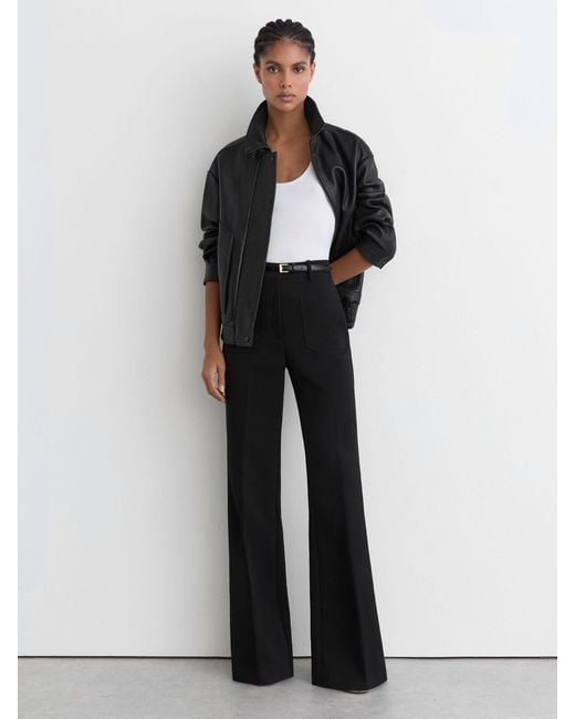 Reiss Black Petite Leather High-Rise Flared Trousers