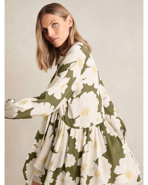 Reiss Natural Floral Tie-Neck Swing Dress