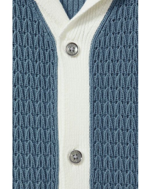 Reiss Gray Nicoli - Blue/white Crochet Striped Cuban Collar Shirt for men