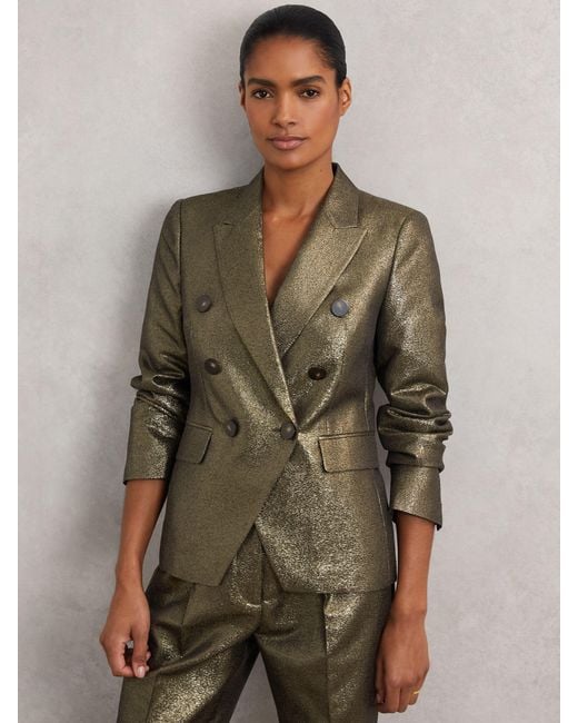 Reiss Green Sienna Double-Breasted Metallic Suit Blazer With Cotton