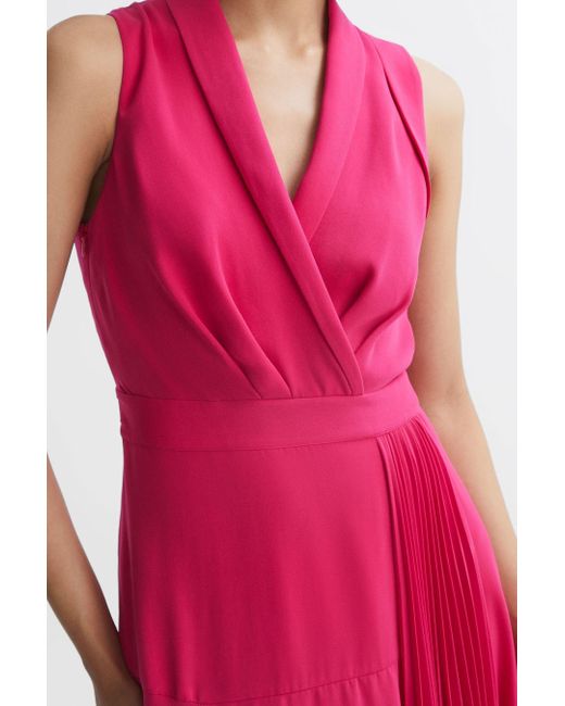 Reiss Red Claire - Pink Pleated Fitted Midi Dress