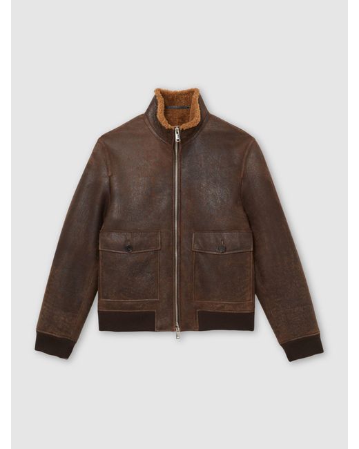 Reiss Brown Peveral Shearling Zip-Through Leather Jacket for men