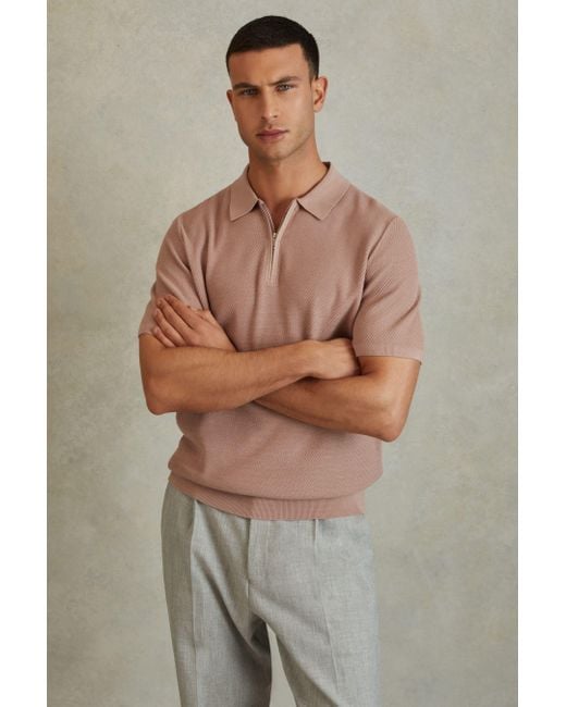 Reiss Brown Ivor - Soft Pink Textured Half-zip Polo Shirt, Xs for men