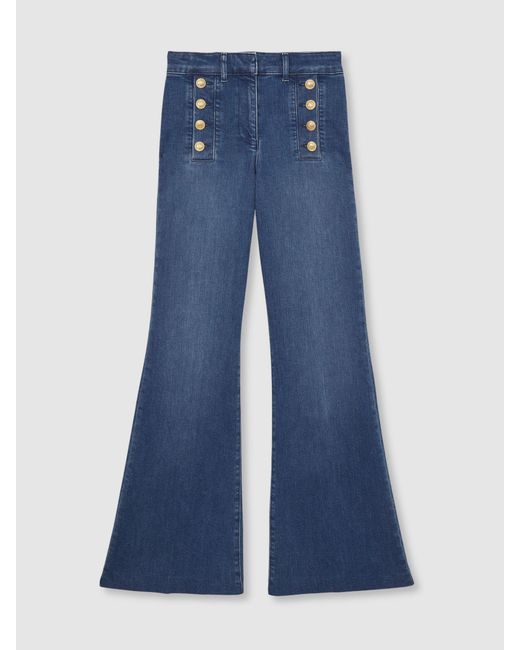 Reiss Blue Button-Detail High-Rise Flared Jeans