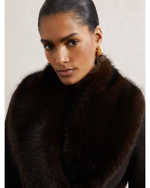 Reiss Black Faux-Fur Collar Blindseam Coat Wool-Blend
