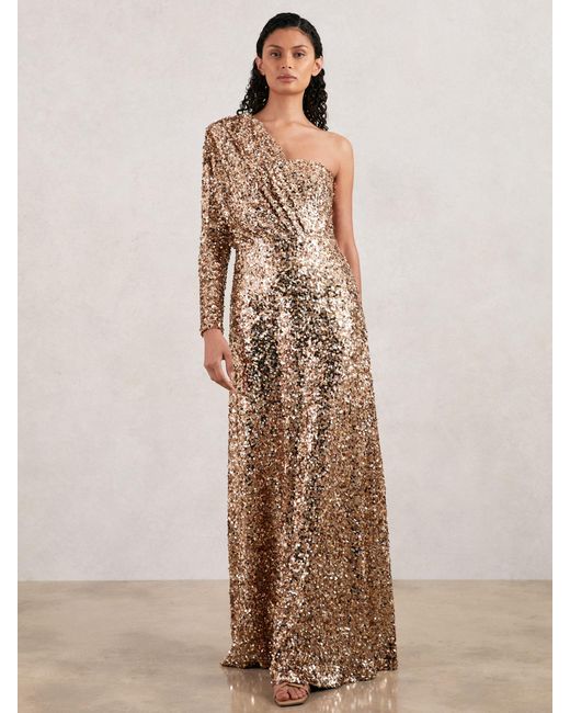 Halston Heritage Natural Sequin One Shoulder Maxi Dress