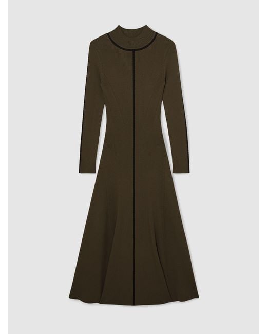 Reiss Natural Polly - Khaki Green Petite Contrast-stitch Knitted Midi Dress, S (us 4-6)