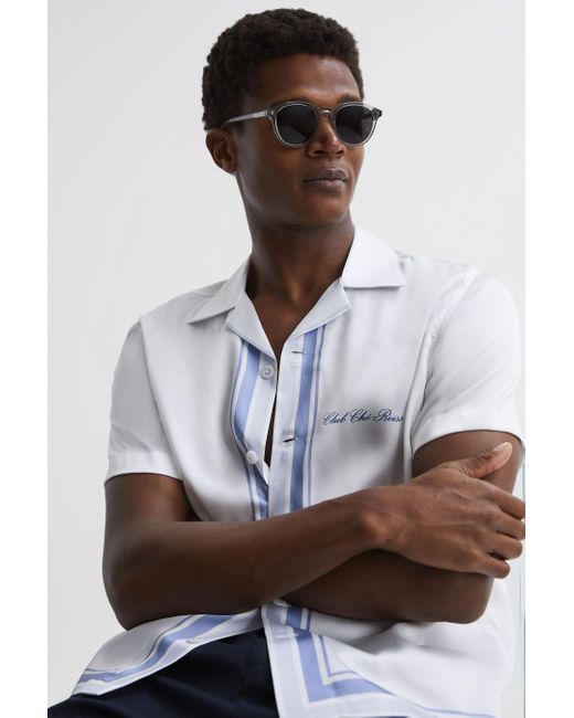 Reiss Chateau - White/blue | Ché Motif Cuban Collar Button-through Shirt for men