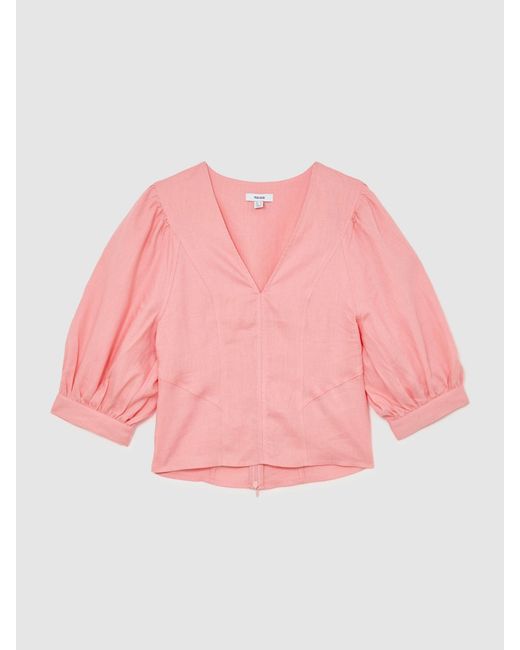Reiss Pink Linen Balloon-Sleeve Top