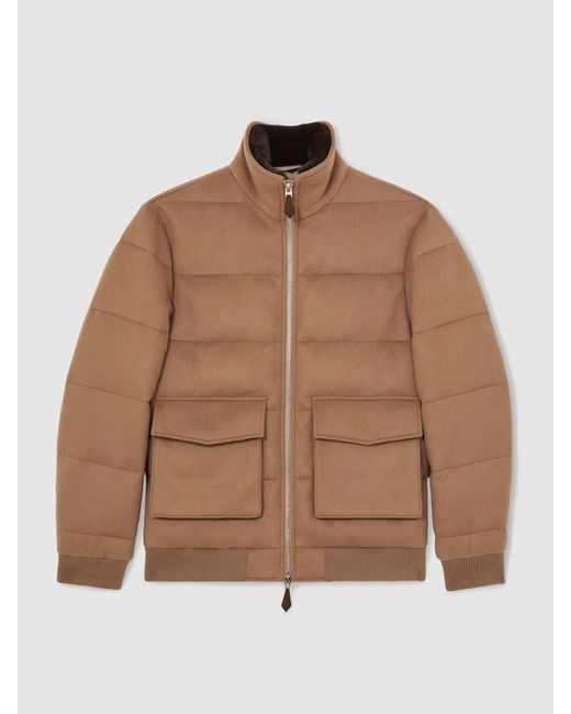 Reiss Brown Faux-Fur Collar Quilted Puffer Jacket for men