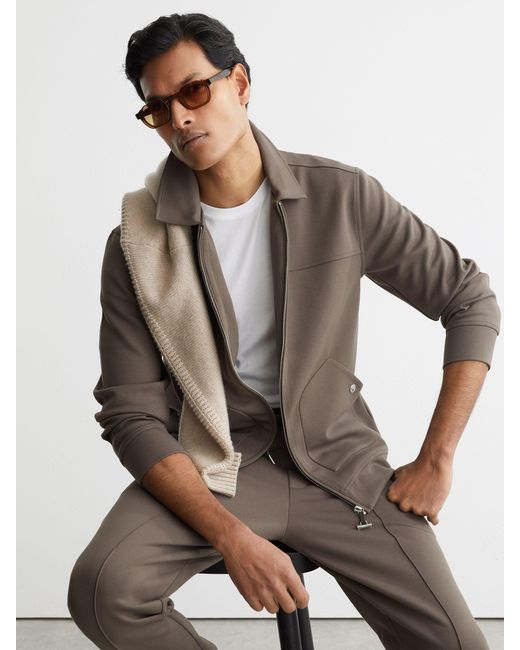 Reiss Brown Premium Interlock Zip-Through Overshirt for men