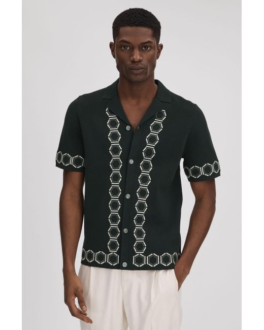 Reiss Black Decoy - Hunting Green Knitted Cuban Collar Shirt, L for men