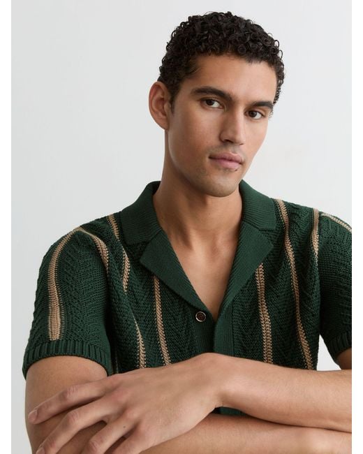 Reiss Black Ellingham - Forest Green Cotton-blend Textured-knit Stripe Shirt, M for men