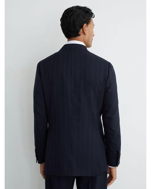 Reiss Blue Virgin Wool Pinstripe Double-Breasted Suit Blazer Tailored-Fit for men