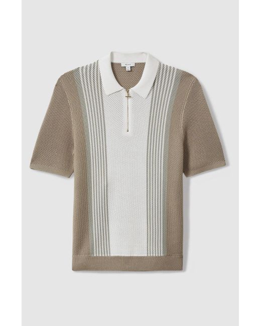Reiss Brown Berlin - Camel/white Open-stitch Half-zip Polo Shirt for men