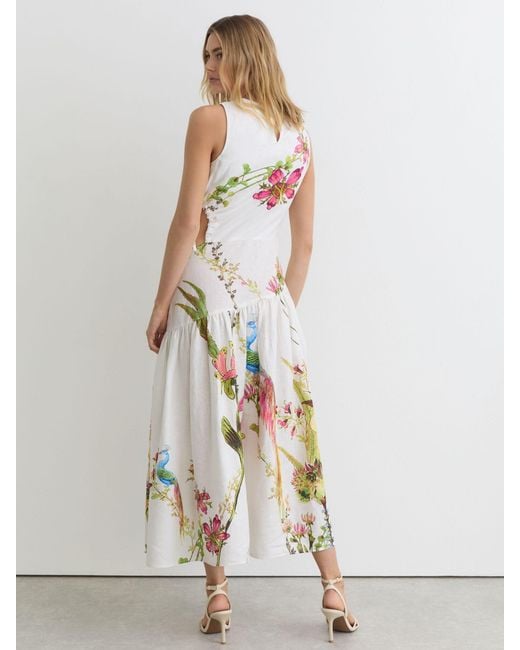 Reiss White Bianca - Ivory Linen Floral-print Cut-out Midi Dress, Us 12