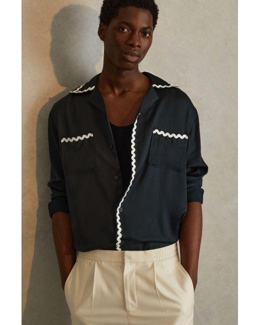 Reiss Black Fable - Navy Viscose Satin Contrast Trim Cuban Collar Shirt for men