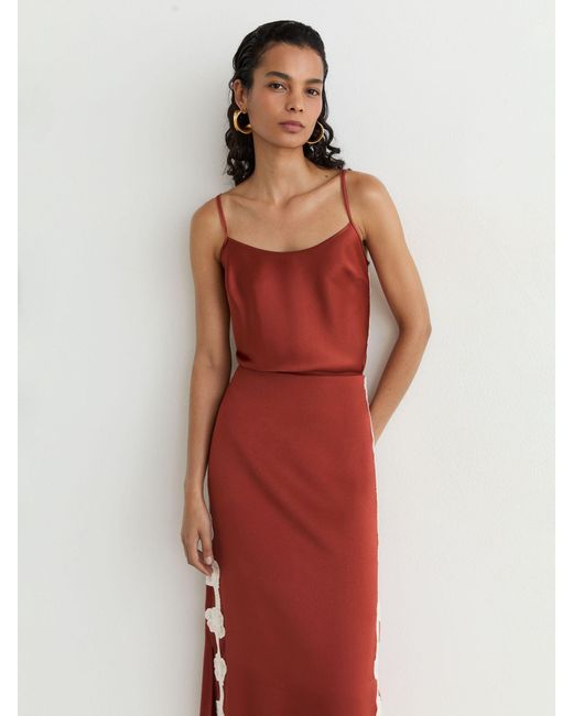 Reiss Red Satin Floral-Lace Trim Midi Skirt