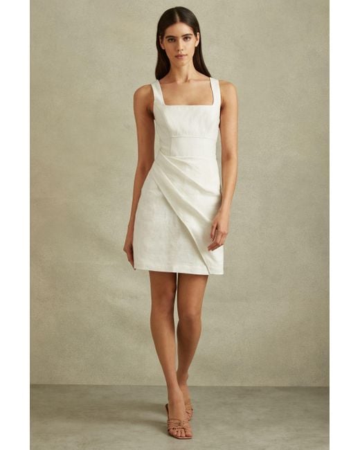 Reiss Natural Piper - Cream Linen Pleat Detail Mini Dress