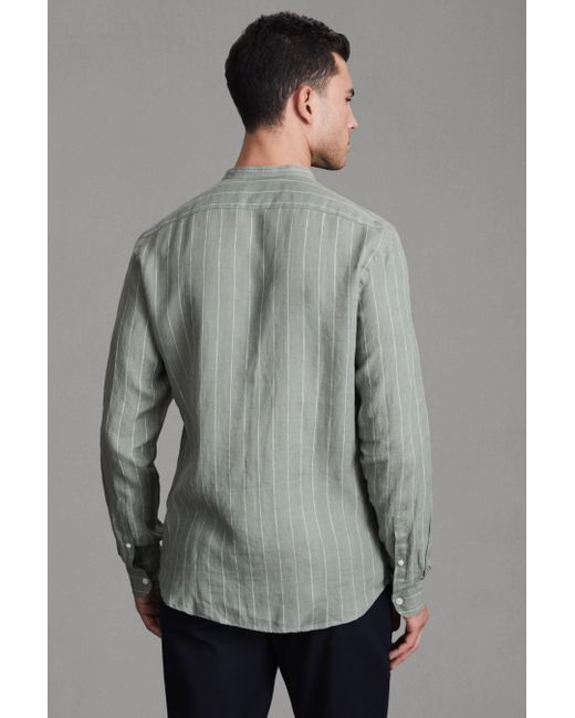 Reiss Gray Ocean - Sage Stripe Linen Grandad Collar Shirt, L for men