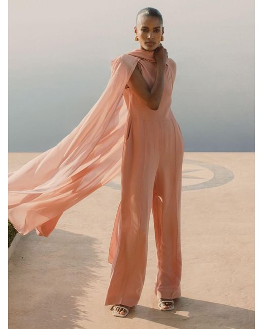 Reiss Brown Wide-Leg Cape Jumpsuit