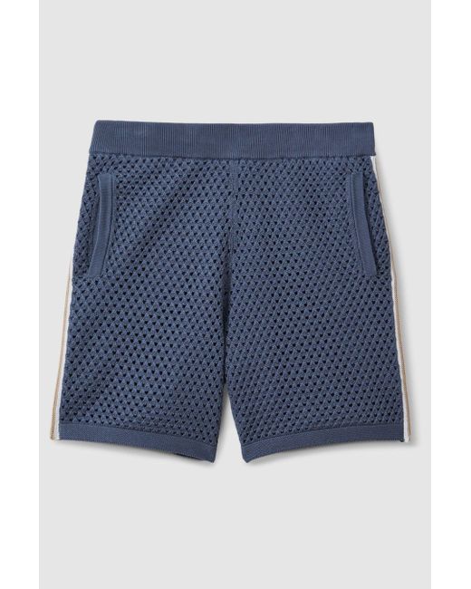 Reiss Gray Creek - Airforce Blue Cotton Blend Crochet Drawstring Shorts for men