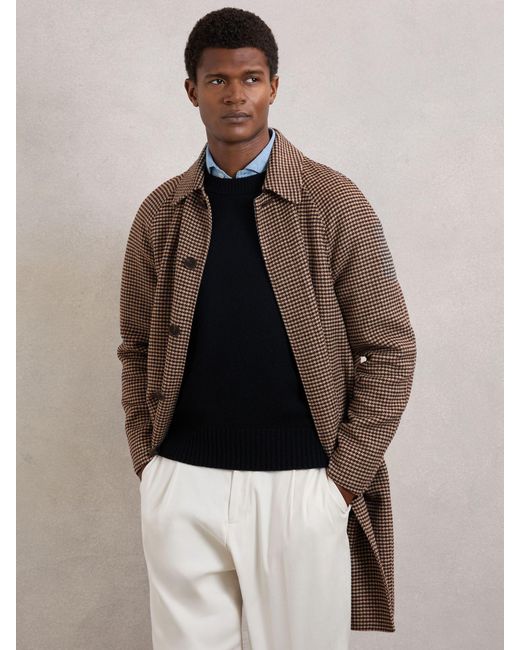 Reiss Brown Wool-Blend Dogtooth-Check Overcoat for men